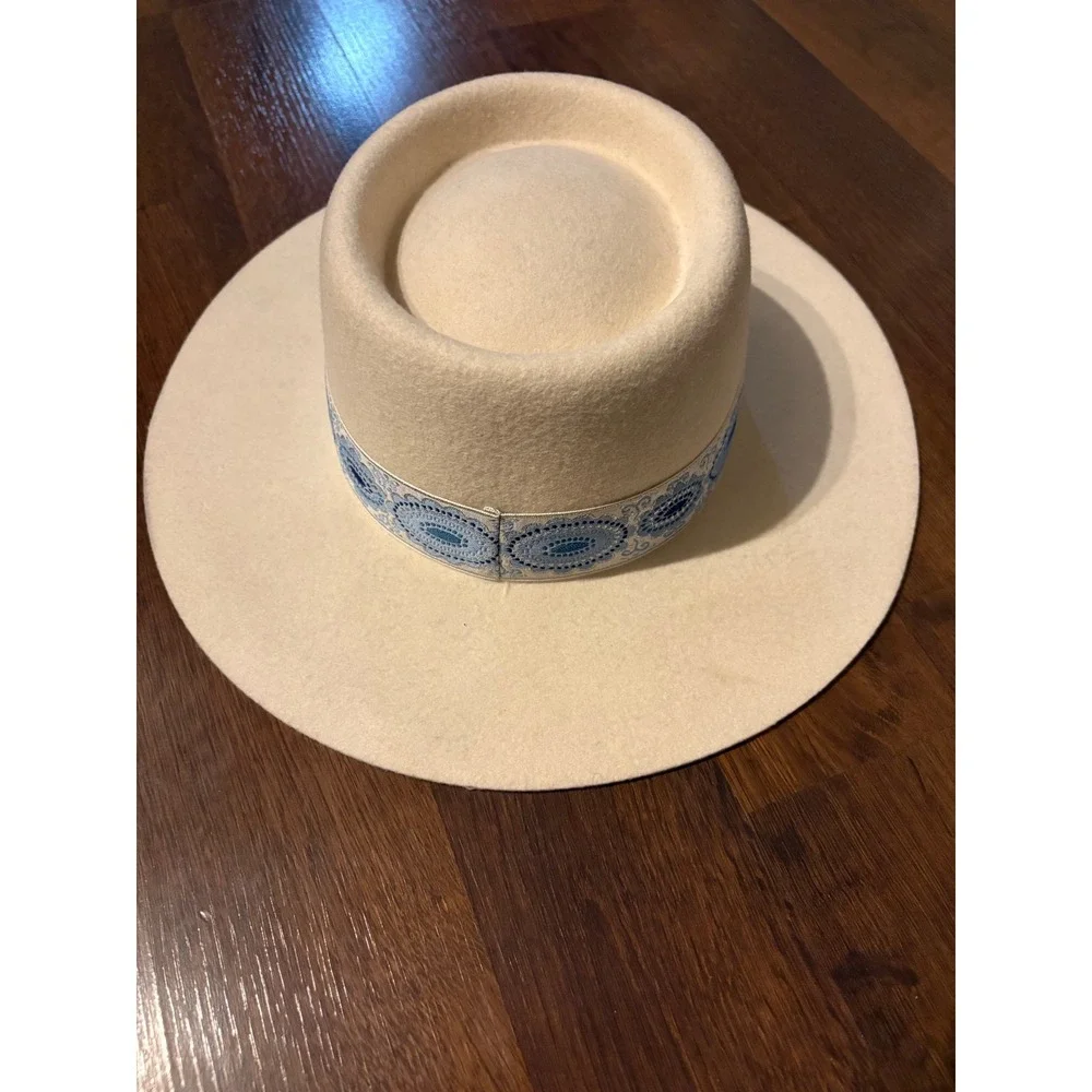 Lack of Color The Sierra Ivory Wool Boater Hat w/ Blue‎ Brocade Trim Size M 57cm